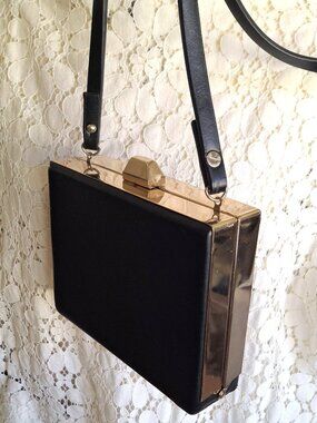 XXI Forever 21 Black Box Clutch with Gold Frame and Shoulder Strap